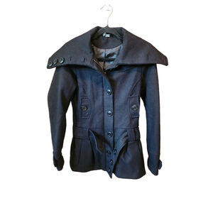 Women's Y2K Preppy Casual Divided Sz 4 Black Lined Wool Blend Pea Coat w Belt